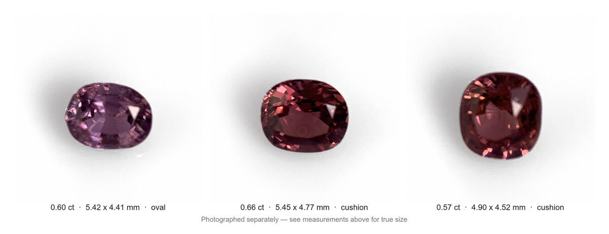 Three natural pink spinels from Luc Yen Vietnam photographed together on white with measurements